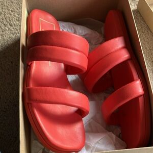Dolce Vita Adore Slide Sandal Red coral orange color Leather 8.5 made in Italy.